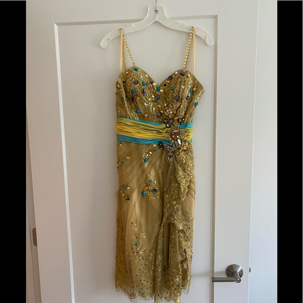 Gold and turquoise beaded fitted dress